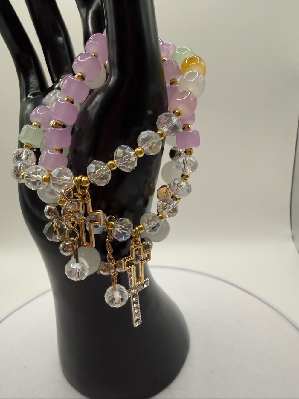 Three Gold Cross Charm Stacked Bracelet Set with Pastel Lavender & Clear Beads